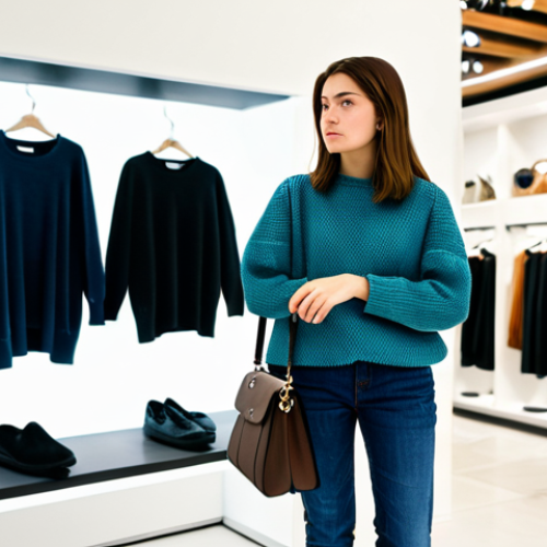 Home 6 Woman contemplating a purchase**
A woman in her late 20s, wearing modest casual clothing (jeans and a sweater), stands in a well-lit, modern boutique, looking thoughtfully at a stylish handbag. The background is slightly blurred, showcasing other merchandise. She has a contemplative expression. Perfect anatomy, correct proportions, natural pose, well-formed hands, proper finger count, natural body proportions. Safe for work, appropriate content, fully clothed, professional, modest, family-friendly.
**