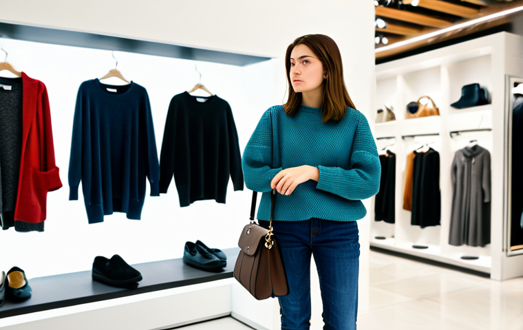 Woman contemplating a purchase**

A woman in her late 20s, wearing modest casual clothing (jeans and a sweater), stands in a well-lit, modern boutique, looking thoughtfully at a stylish handbag. The background is slightly blurred, showcasing other merchandise. She has a contemplative expression. Perfect anatomy, correct proportions, natural pose, well-formed hands, proper finger count, natural body proportions. Safe for work, appropriate content, fully clothed, professional, modest, family-friendly.

**