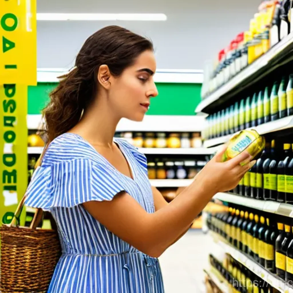 가격 결정에서 감정의 역할 - A vibrant, well-lit scene inside a modern Spanish supermarket. A young woman, dressed in a stylish y...