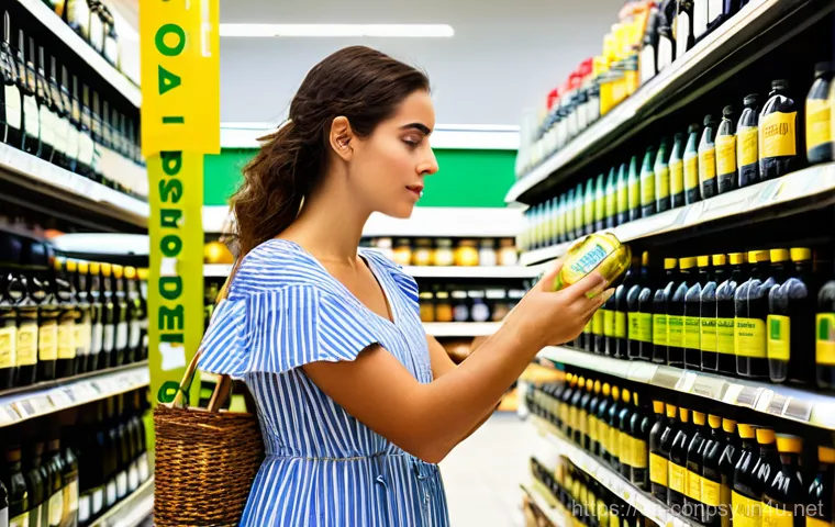 가격 결정에서 감정의 역할 - A vibrant, well-lit scene inside a modern Spanish supermarket. A young woman, dressed in a stylish y...