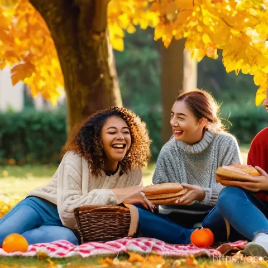 감정적 가격 책정 전략 - **Prompt:** A diverse group of young adults, aged 18-22, enjoying a vibrant autumn picnic in a sun-d...