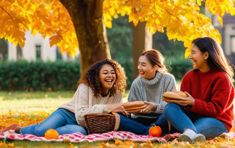 감정적 가격 책정 전략 - **Prompt:** A diverse group of young adults, aged 18-22, enjoying a vibrant autumn picnic in a sun-d...