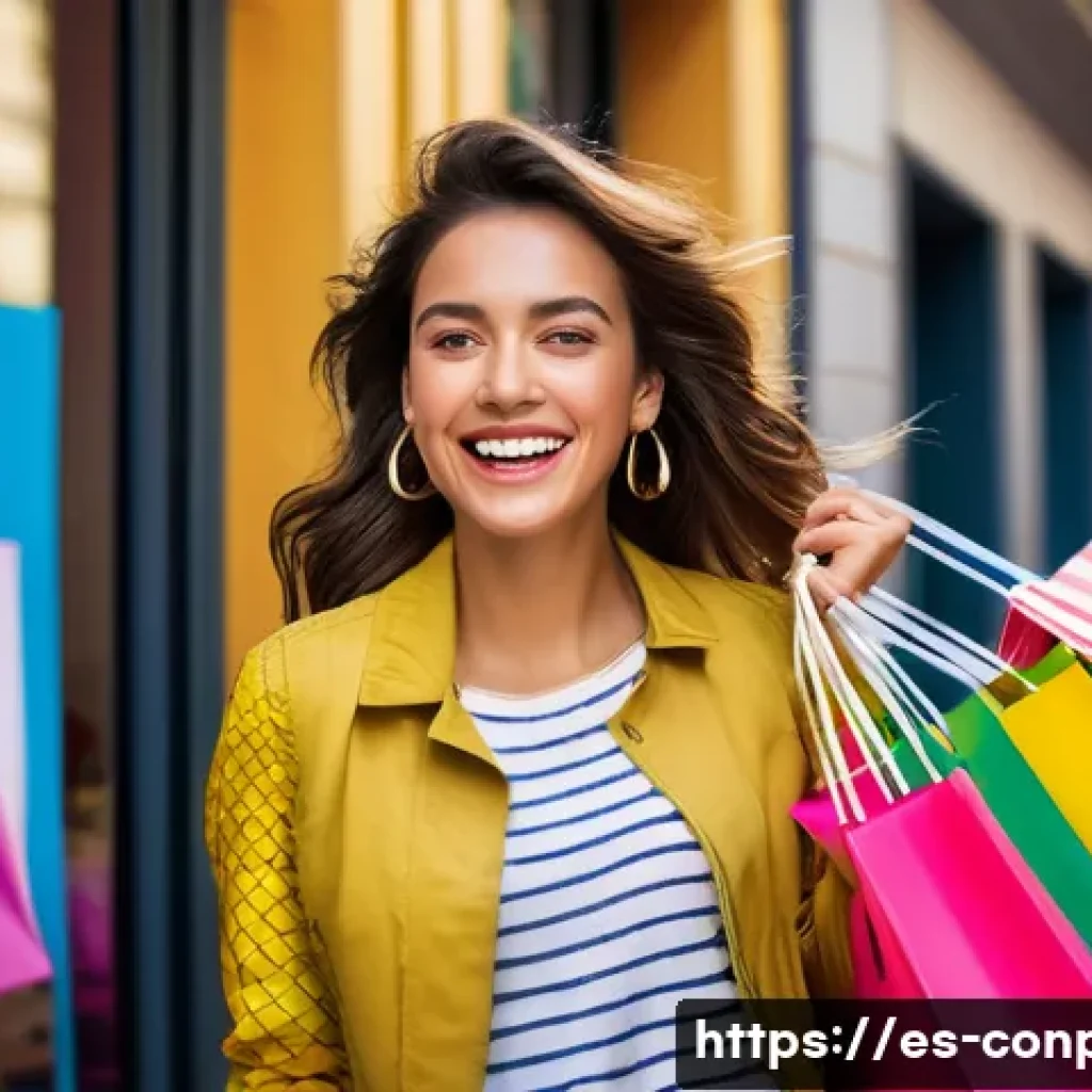 소비자의 감정적 지출 행동 패턴 - A joyful young Hispanic woman in a vibrant Madrid shopping district, smiling broadly as she holds co...