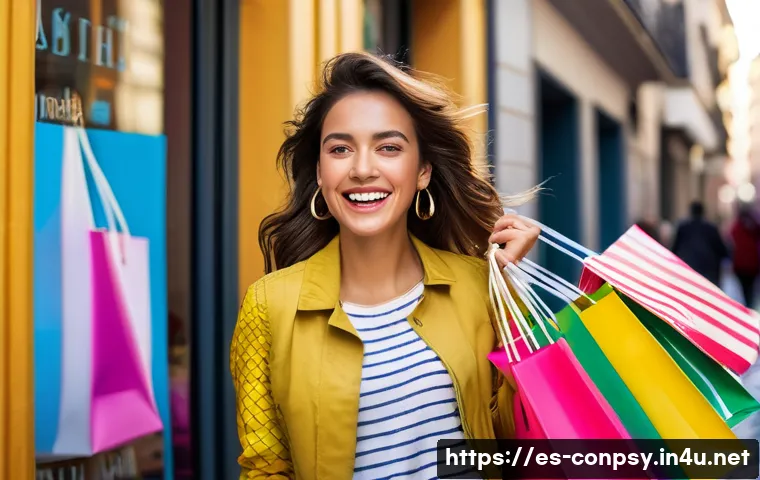 소비자의 감정적 지출 행동 패턴 - A joyful young Hispanic woman in a vibrant Madrid shopping district, smiling broadly as she holds co...