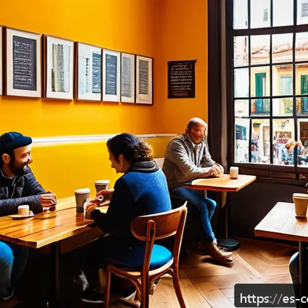 브랜드 충성도와 감정의 역할 - A vibrant coffee shop interior in a bustling Spanish city, featuring warm natural lighting, rustic w...