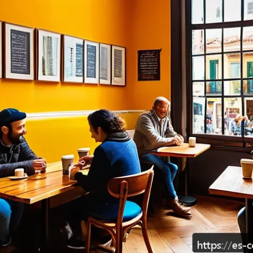 Home 33 브랜드 충성도와 감정의 역할 - A vibrant coffee shop interior in a bustling Spanish city, featuring warm natural lighting, rustic w...
