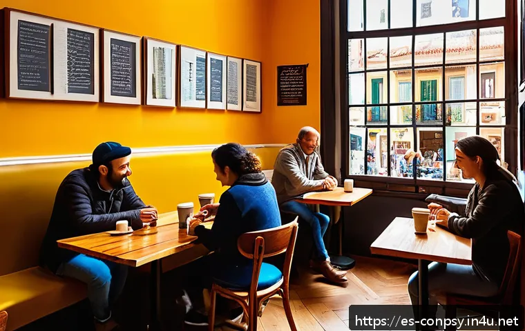 브랜드 충성도와 감정의 역할 - A vibrant coffee shop interior in a bustling Spanish city, featuring warm natural lighting, rustic w...