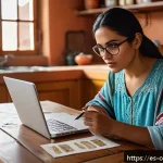 Home 19 소비자 불안과 감정 변화 - A thoughtful Hispanic woman in her 30s sitting at a kitchen table in a cozy Mexican home, surrounded...